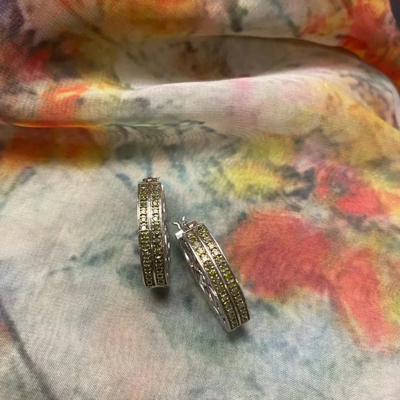 QVC Elegant Sterling Silver Earrings with Vibrant Green Diamonds. - Picture 4 of 7